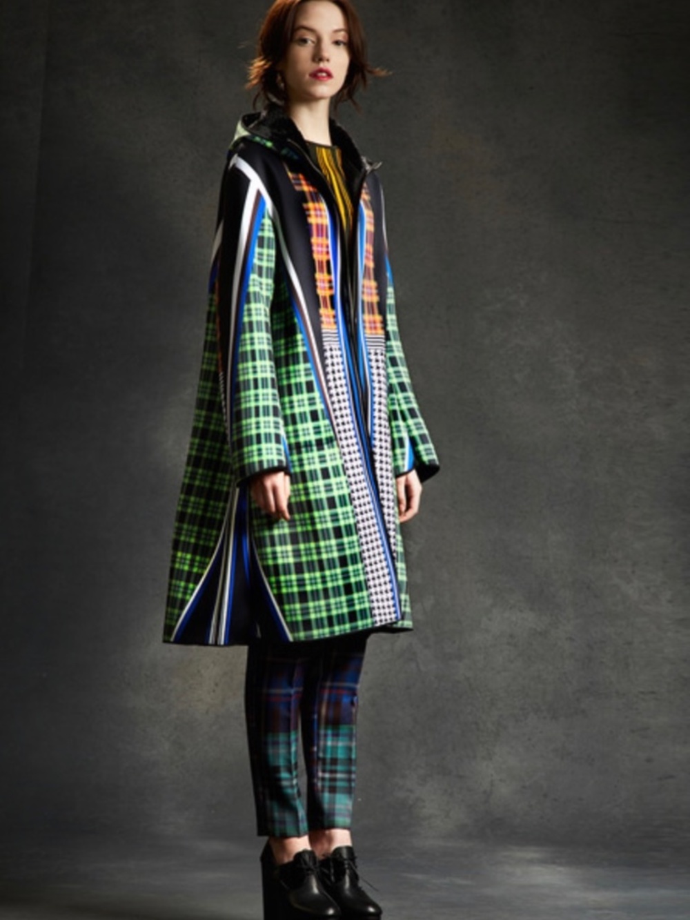 Clover Canyon Fall 2014 Runway Mixed Print Neoprene Fur Lined Coat NWT